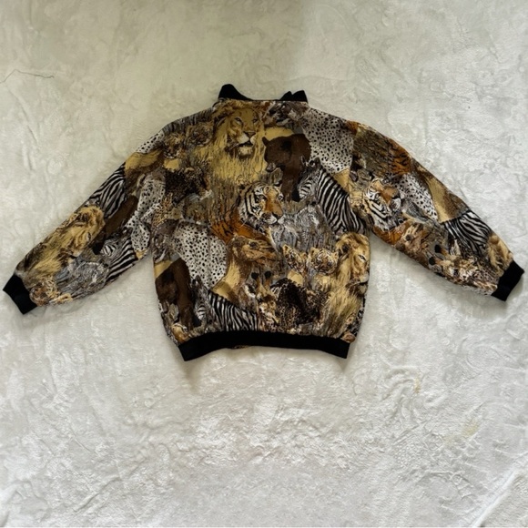 Vintage 80s Atlantic Beach 100% Silk Safari Animal Lightweight Bomber Jacket - Picture 3 of 6